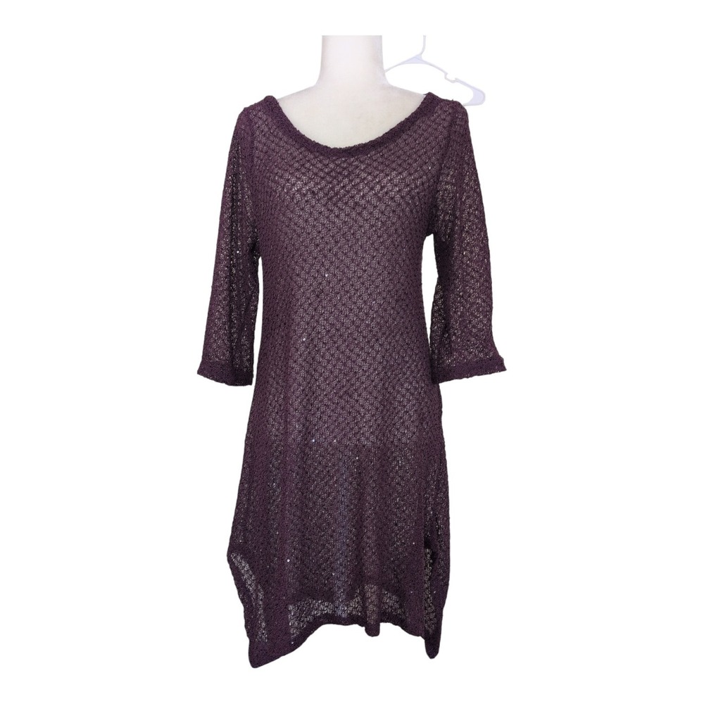 Purple Sparkly Open Knit Dress Women's Size L 3/4 Sleeve Hi-Low Sheer Stretch